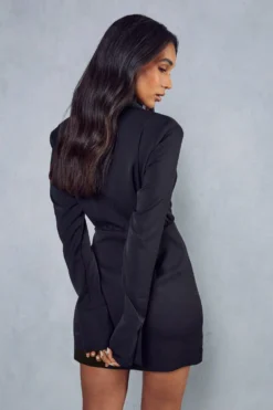 Split Sleeve Drape Detail Tailored Shirt Dress -Ves Trendy Sales black split sleeve drape detail tailored shirt dress 2