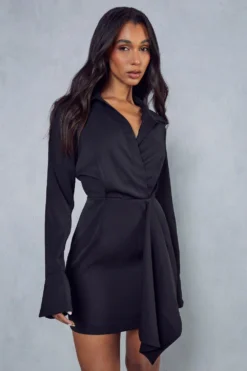 Split Sleeve Drape Detail Tailored Shirt Dress