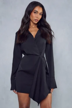 Split Sleeve Drape Detail Tailored Shirt Dress -Ves Trendy Sales black split sleeve drape detail tailored shirt dress 4
