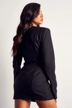 Tailored Collarless Plunge Blazer Dress -Ves Trendy Sales black tailored collarless plunge blazer dress 2