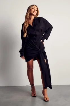 Textured Linen Look Wrap Oversized Shirt Dress -Ves Trendy Sales black textured linen look wrap oversized shirt dress 3