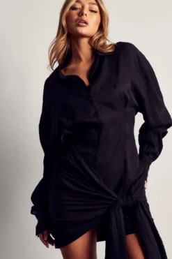 Textured Linen Look Wrap Oversized Shirt Dress -Ves Trendy Sales black textured linen look wrap oversized shirt dress 4