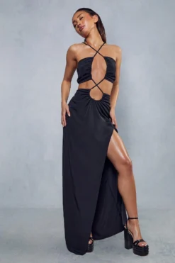 Textured Linen Strappy Maxi Dress -Ves Trendy Sales black textured linen strappy maxi dress 3