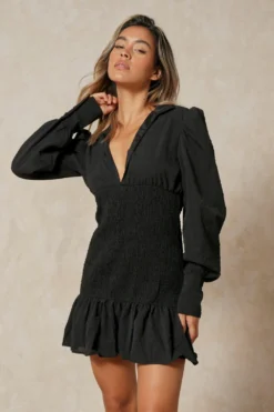 Textured Puff Sleeve Shirring Detail Dress