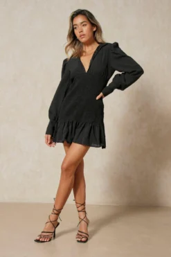 Textured Puff Sleeve Shirring Detail Dress 9 Textured Puff Sleeve Shirring Detail Dress -Ves Trendy Sales black textured puff sleeve shirring detail dress 3