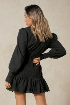 Textured Puff Sleeve Shirring Detail Dress 11 Textured Puff Sleeve Shirring Detail Dress -Ves Trendy Sales black textured puff sleeve shirring detail dress 5