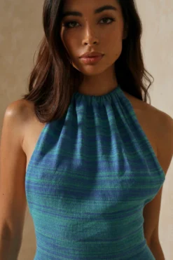 Contrast Knit Low Back Halterneck Mini Dress -Ves Trendy Sales blue contrast knit low back halterneck mini dress 4