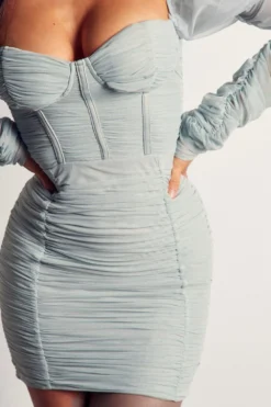 Mesh Ruched Puff Sleeve Mini Dress -Ves Trendy Sales blue mesh ruched puff sleeve mini dress 4