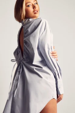 Poplin Ruched Open Back Shirt Dress -Ves Trendy Sales blue poplin ruched open back shirt dress 2