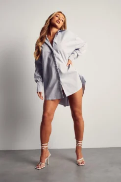 Poplin Ruched Open Back Shirt Dress -Ves Trendy Sales blue poplin ruched open back shirt dress 3