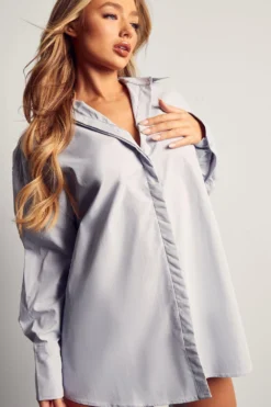 Poplin Ruched Open Back Shirt Dress -Ves Trendy Sales blue poplin ruched open back shirt dress 4