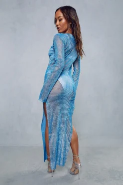 Premium Diamante Fishnet Split Leg Long Sleeve Midi Dress 8 Premium Diamante Fishnet Split Leg Long Sleeve Midi Dress -Ves Trendy Sales blue premium diamante fishnet split leg long sleeve midi dress 2