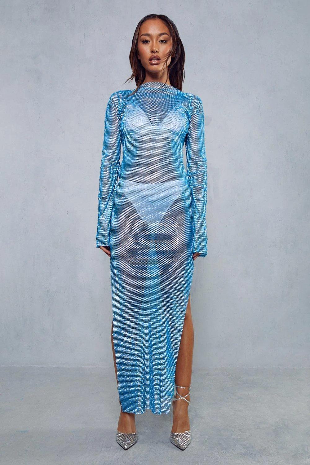 Premium Diamante Fishnet Split Leg Long Sleeve Midi Dress 1 Premium Diamante Fishnet Split Leg Long Sleeve Midi Dress