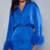 Premium Satin Flute Sleeve Feather Shirt Dress