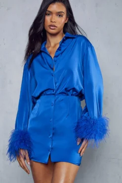 Premium Satin Flute Sleeve Feather Shirt Dress