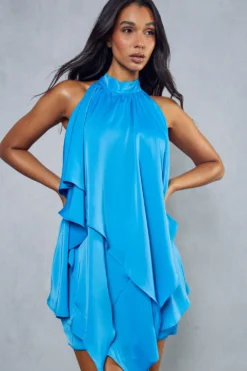 Satin Layered Diamante Chain Backless Cowl Mini Dress -Ves Trendy Sales blue satin layered diamante chain backless cowl mini dress 4