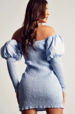 Shirred Bardot Puff Sleeve Mini Dress -Ves Trendy Sales blue shirred bardot puff sleeve mini dress 2
