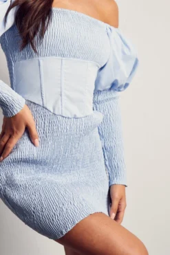 Shirred Bardot Puff Sleeve Mini Dress -Ves Trendy Sales blue shirred bardot puff sleeve mini dress 4