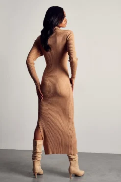 Knitted Split Side High Neck Midi Dress -Ves Trendy Sales camel knitted split side high neck midi dress 2