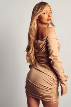 Ruched Bardot Mini Dress -Ves Trendy Sales camel ruched bardot mini dress 2