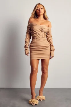 Ruched Bardot Mini Dress -Ves Trendy Sales camel ruched bardot mini dress 3
