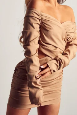 Ruched Bardot Mini Dress -Ves Trendy Sales camel ruched bardot mini dress 4