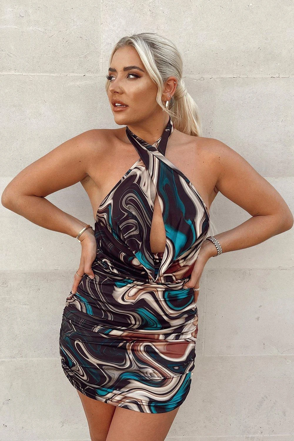 Marble Print Double Layer Cowl Neck Dress 1 Marble Print Double Layer Cowl Neck Dress