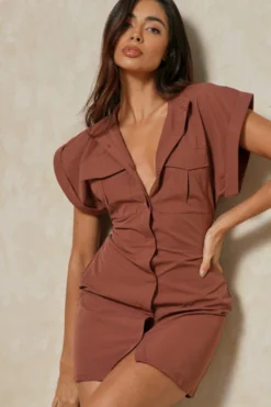 Pocket Detail Short Sleeve Shirt Dress -Ves Trendy Sales chocolate pocket detail short sleeve shirt dress 2