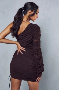 Premium Mesh Ruched One Shoulder Mini Dress -Ves Trendy Sales chocolate premium mesh ruched one shoulder mini dress 2