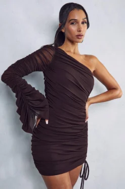 Premium Mesh Ruched One Shoulder Mini Dress