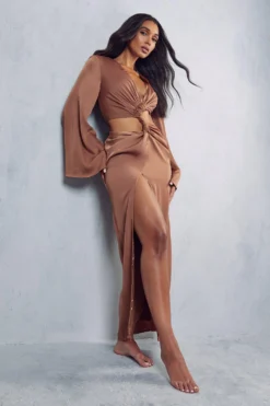 Premium Ruched Twist Detail Maxi Dress -Ves Trendy Sales chocolate premium ruched twist detail maxi dress 3