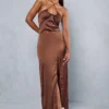 Premium Satin Halterneck Ruched Maxi Dress