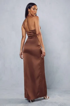 Premium Satin Halterneck Ruched Maxi Dress -Ves Trendy Sales chocolate premium satin halterneck ruched maxi dress 2