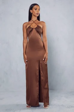 Premium Satin Halterneck Ruched Maxi Dress -Ves Trendy Sales chocolate premium satin halterneck ruched maxi dress 3