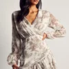 Printed Chiffon Ruched Wrap Mini Dress