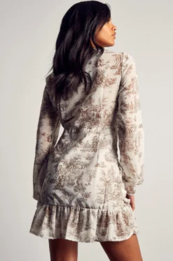 Printed Chiffon Ruched Wrap Mini Dress -Ves Trendy Sales chocolate printed chiffon ruched wrap mini dress 2