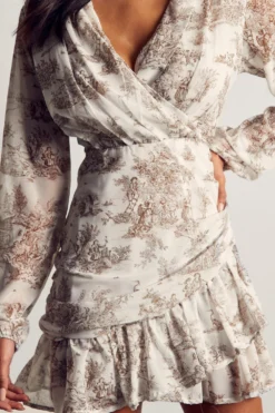 Printed Chiffon Ruched Wrap Mini Dress -Ves Trendy Sales chocolate printed chiffon ruched wrap mini dress 4