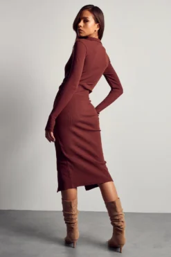 Rib Collared Button Down Midi Dress -Ves Trendy Sales chocolate rib collared button down midi dress 2