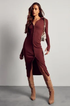 Rib Collared Button Down Midi Dress