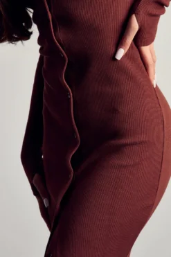 Rib Collared Button Down Midi Dress -Ves Trendy Sales chocolate rib collared button down midi dress 4