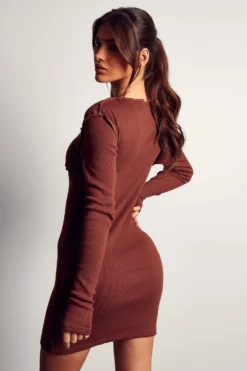 Ribbed Seam Detail Thumbhole Mini Dress -Ves Trendy Sales chocolate ribbed seam detail thumbhole mini dress 2