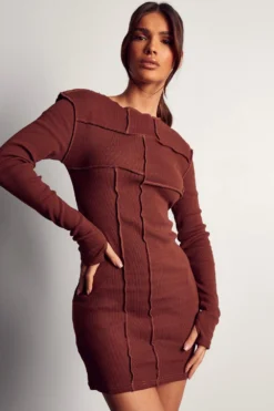 Ribbed Seam Detail Thumbhole Mini Dress -Ves Trendy Sales chocolate ribbed seam detail thumbhole mini dress 4