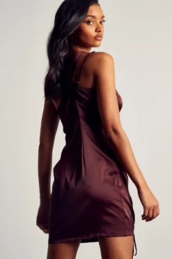Satin Curved Strap Mini Dress 7 Satin Curved Strap Mini Dress -Ves Trendy Sales chocolate satin curved strap mini dress 2