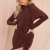 Side Ruched Slinky Shoulder Pad Dress