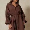 Soft Cord Balloon Sleeve Belted Shirt Dress