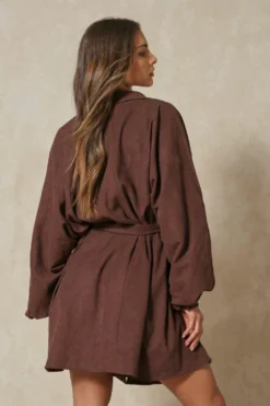 Soft Cord Balloon Sleeve Belted Shirt Dress -Ves Trendy Sales chocolate soft cord balloon sleeve belted shirt dress 3