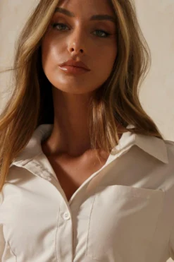 Asymmetric Cut Out Shirt Dress -Ves Trendy Sales cream asymmetric cut out shirt dress 5