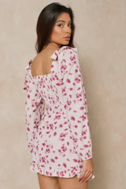 Floral Frill Detail Square Neck Dress -Ves Trendy Sales cream floral frill detail square neck dress 2