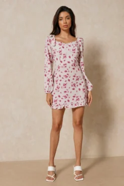 Floral Frill Detail Square Neck Dress -Ves Trendy Sales cream floral frill detail square neck dress 3