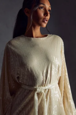 Sequin Shoulder Pad Mini Dress -Ves Trendy Sales cream sequin shoulder pad mini dress 2